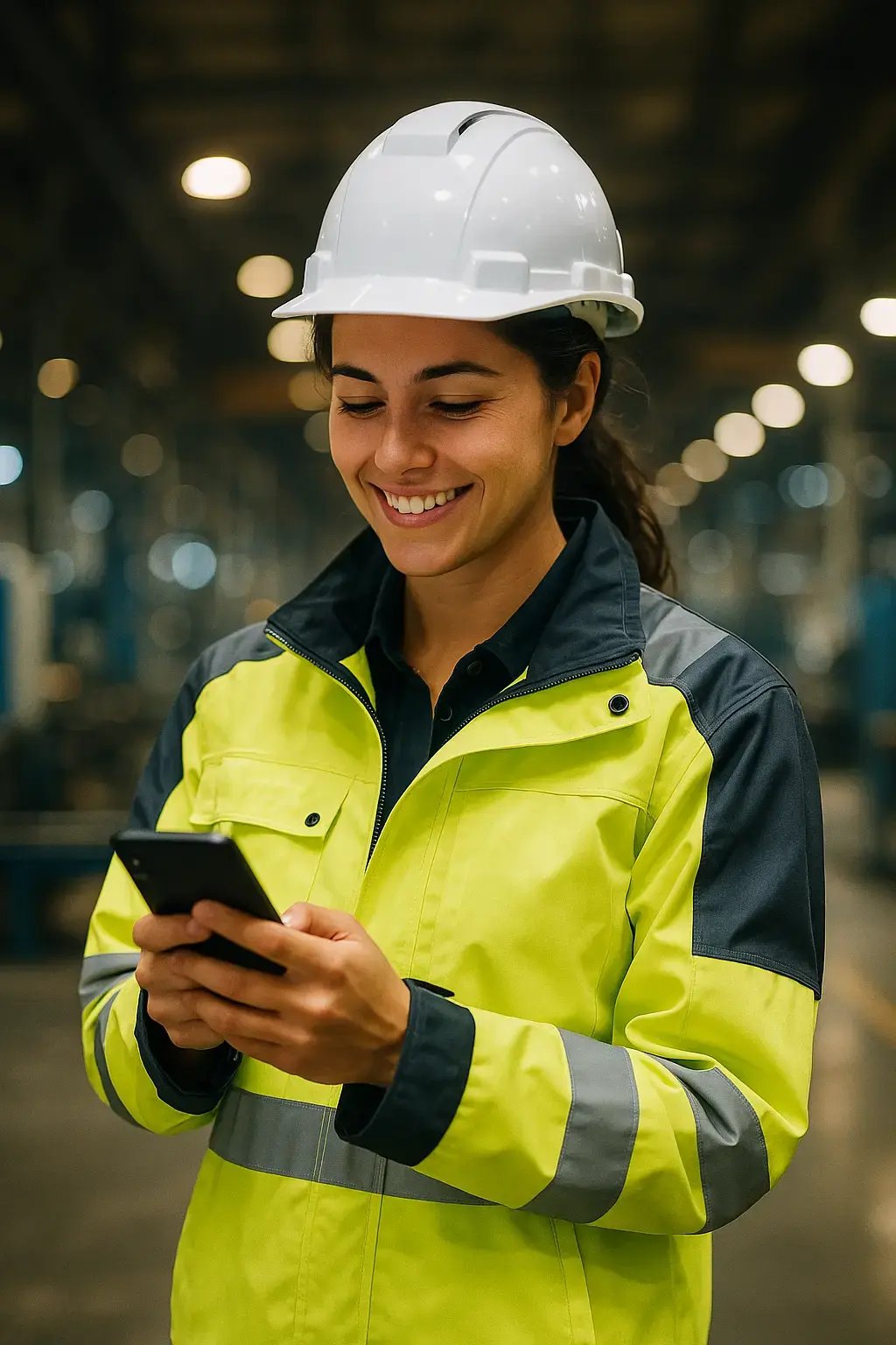 A safety engineer using a tablet to review a HazardLens risk assessment report on the factory floor.