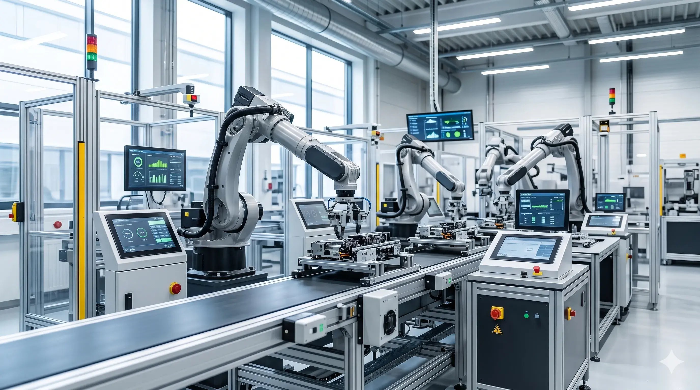 Automated robotic arm assembly line in a modern high-tech factory representing industry 4.0 and manufacturing compliance.