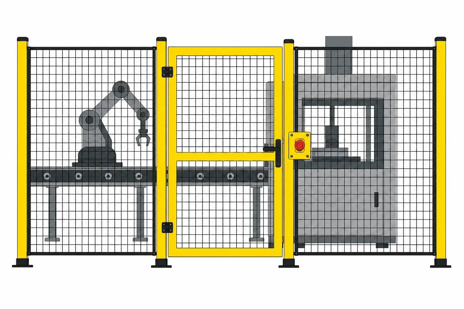 Modern Production Line with machinery safety fencing, access door and emergency stop