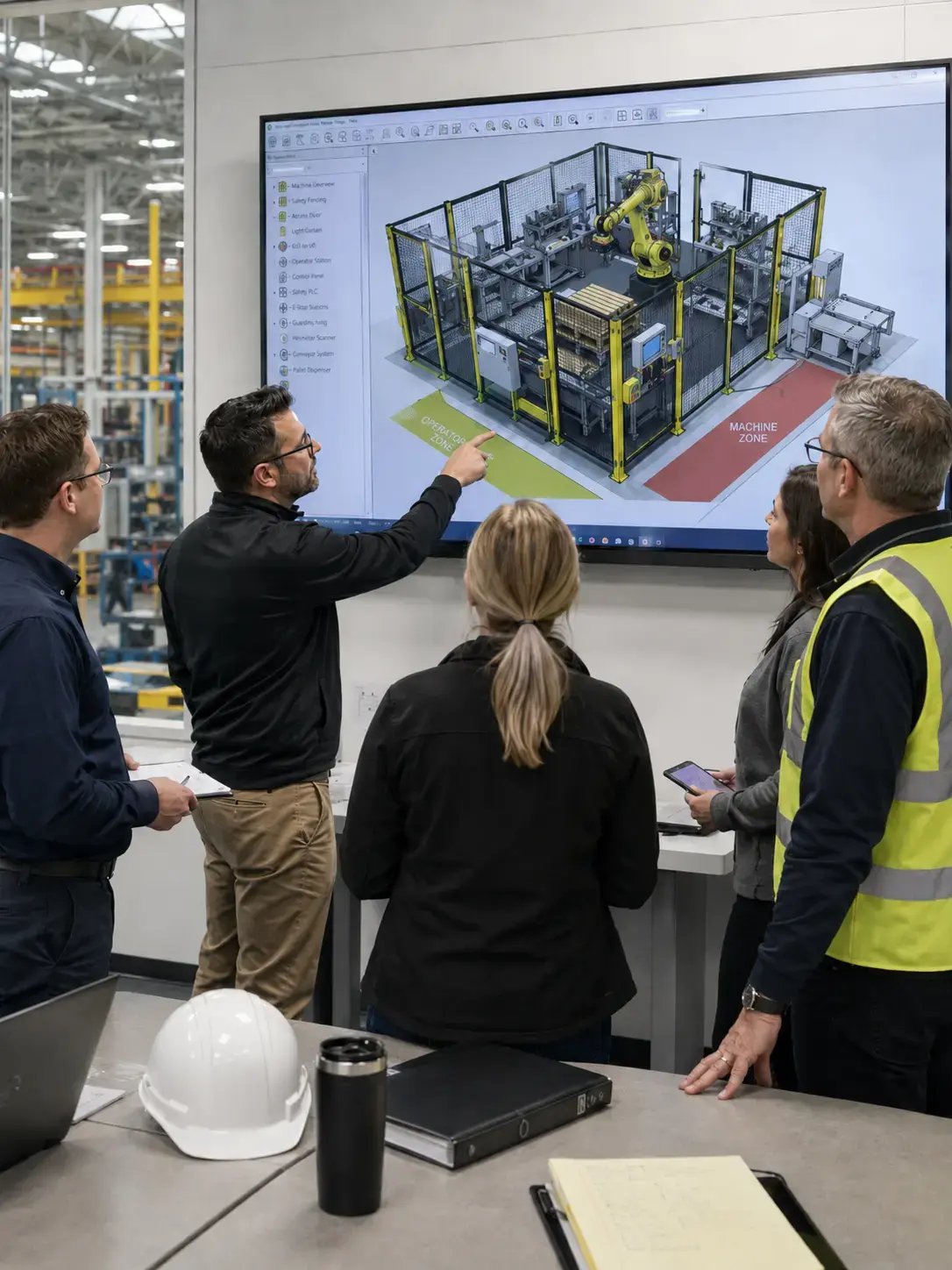Safety engineers discussing a machine