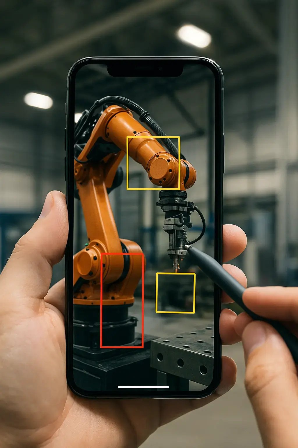 The HazardLens AI platform accurately identifying hazards on an industrial robot.