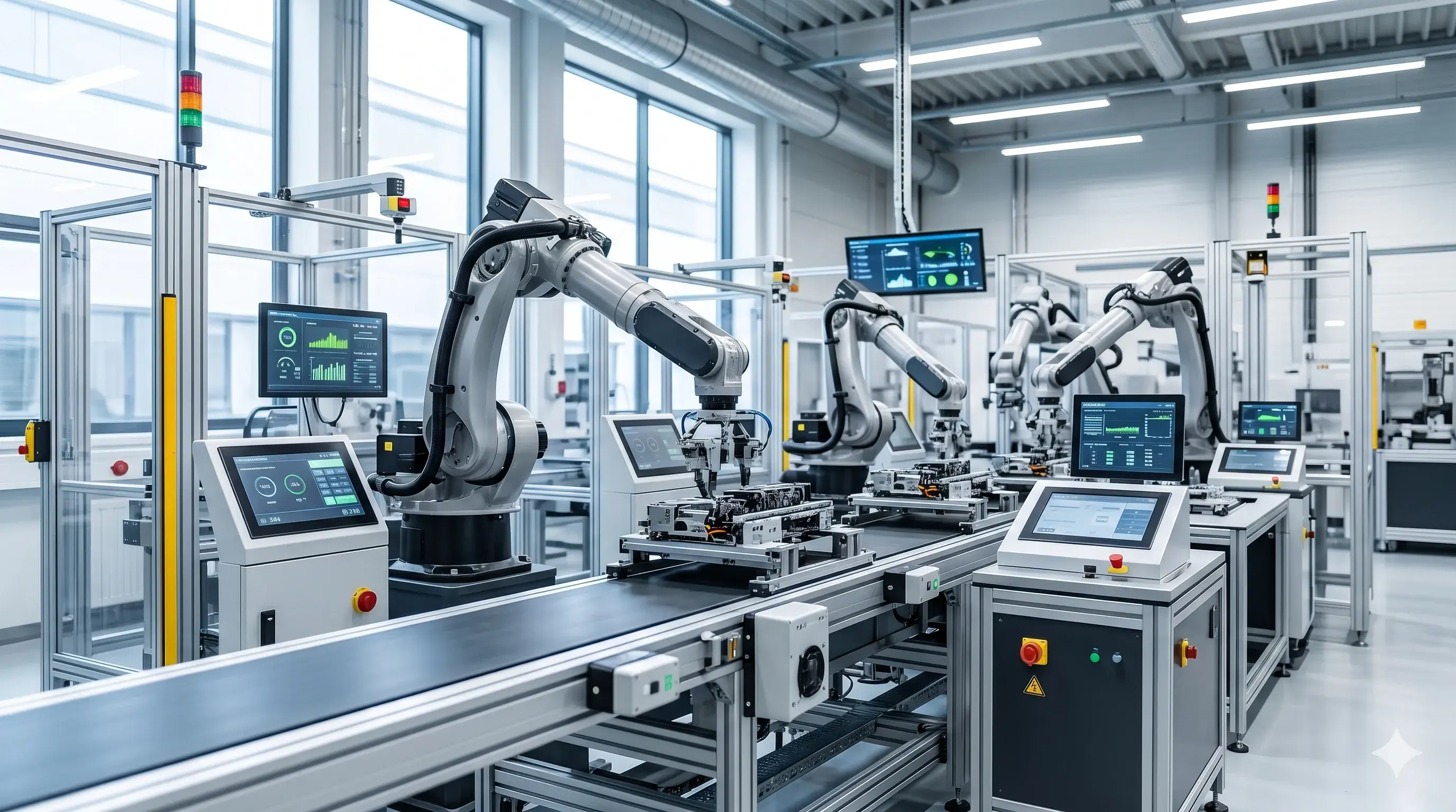 Automated robotic arm assembly line in a modern high-tech factory representing industry 4.0 and manufacturing compliance.